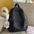 Sac à dos noir de style japonais pour femme, cartable brodé mignon avec pendentif ours. - S / Avec Pendentif / Noir