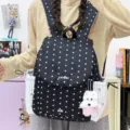 Sac a dos en nylon a pois noirs et blancs cartable decontracte avec pendentif mignon et poches - Grand Avec Pendentif / Noir