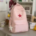 Rosa Schulrucksack aus Leinen mit rotem Sternmuster lässiger Tagesrucksack Variante. - Mit Anhänger / Rosa