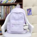 Mochila escolar de lona con patrón de estrellas violeta claro y bonito colgante de peluche. - Estilo Con Colgante / Púrpura