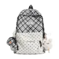 Sac à dos scolaire à carreaux noir et blanc, poche avant à pois, avec porte-monnaie et breloque lapin - Sac Seul / Noir