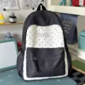 Japanese style denim and white polka dot backpack with star embroidery, large capacity school bag - No Pendant / Large Single Bag / Black