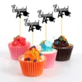 Graduation cupcake toppers set, black glitter cardstock party cake decorations for grad party. - Black Graduation Cap Style