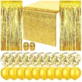 Gold party decoration set featuring sequin table runner, foil fringe curtains, and confetti balloons. - Gold Tinsel Table Runner Set