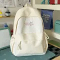 Beige canvas school backpack with star embroidery, casual daypack for students and daily commuting - No Pendant / Large Single Bag / Yellow