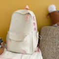Korean style solid color casual backpack with large capacity and cute bow embroidery for daily. - No Pendant / White