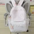 Sweet pink checkered backpack for women, cute frill lace and heart embroidery school bag. - With Charm / Pink