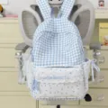 Sweet blue plaid backpack with lace trim and star print, cute girlish bookbag for students. - With Charm / Blue