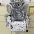 Sweet black and white plaid backpack with heart prints, lace trim and pearl pendant for daily use. - With Charm / Black