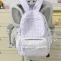 Sweet purple gingham backpack with cute lace ruffles, polka dot front pocket, and girly style. - With Charm / Purple