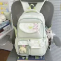 Cute light green canvas backpack with transparent ita pocket bow and star pattern for students - With 2 Pendants and 1 Pair of Wings / Green