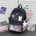 Polka dot sweet anime style itabag backpack with clear window and star charms for teens. - Pink Lace Polka Dot Pentagram Style / Black