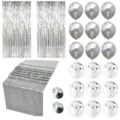 Silver party decoration set including fringe curtains, metallic and confetti balloons, sequin table runner. - Silver Tinsel Table Runner Set