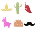 Mexican Fiesta party cake toppers glitter cutout cupcake decorations set of six styles - Mixed Styles Six Types