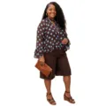 Plus size polka dot blouse and shorts set detail view, casual long sleeve top style. - 1XL / Top And Bottom / Brown