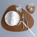 Nordic drop-shaped PU leather placemat waterproof heatproof brown dining table mat. - Irregular Placemat with Coaster / Brown