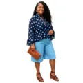 Polka dot long sleeve top with shorts detail view, plus size casual outfit showcase. - 1XL / Top And Bottom / Light Blue