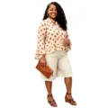 Plus size polka dot long sleeve blouse with tie neck and matching beige casual shorts set. - 1XL / Top And Bottom / Apricot