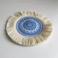 Nordic Bohemian style woven cotton round coaster, blue geometric fabric tassel placemat. - Sea Blue Floral Coaster 17cm Style 5