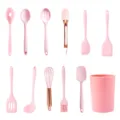 Mini Silikon Küchenutensilien Set 12-teilig rosa Kochlöffel Pfannenwender Schneebesen - Verkupfertes 12-Teiliges Set mit Halter Beutel / Rosa