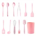 12-teiliges rosa Silikon Küchenhelfer Set mit Hitzebeständigen Spateln und Löffeln. - Originalfarbe 12-Teiliges Set mit Halter Beutel / Rosa