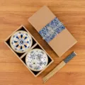 Japanese ceramic bowl and chopstick gift set with elegant floral patterns in kraft box - Blooming Wealth 2 Bowls 2 Chopsticks - Rattan Edge Japanese Gift Box