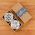 Japanese ceramic bowl gift set with two patterned rice bowls in a kraft box for home use. - Blooming Wealth 2 Bowls - Rattan Edge Japanese Gift Box
