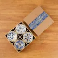 Japanese ceramic rice bowl gift set with four bowls in a beautiful box. Perfect home tableware. - Blooming Wealth 4 Bowls - Rattan Edge Japanese Gift Box