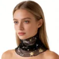 Black silk mesh neck scarf with gold star embroidery, versatile sheer fake collar for women. - Black Star