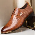 Herren braune Kroko-Muster Leder Anzugschuhe spitz Business elegante formelle Schuhe - 39 / Dunkelbraun