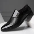 Men's black breathable leather business dress shoes with stylish side zipper design. - Trendy Black
