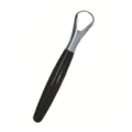 Stainless steel tongue scraper detail showing the polished metal loop and handle. - Black