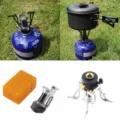 Estufa de gas portátil para acampar al aire libre mini quemador plegable con caja y butano. - Como se muestra