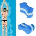 EVA pull buoy detail view showing swimming training usage illustration and product angles. - Blue & White