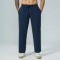 Pantaloni casual in maglia waffle blu scuro da uomo con cintura elasticizzata con coulisse per uso. - Taglia S / Blu navy