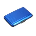 Vue détaillée du porte-carte de crédit en aluminium bleu, étui de visite métallique. - Bleu