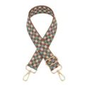 Gedetailleerd overzicht van een bruine en turquoise geruite tasriem met gouden hardware. - J-1