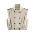 Detail shot of khaki stand-collar double-breasted sleeveless cropped trench vest with pleated hem. - S / Tops / Off White