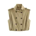 Khaki cropped trench vest detail, double breasted stand collar waistcoat, chic autumn style - S / Tops / Khaki