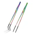 Stainless steel pet feeding tweezers rainbow long tongs with black rubber tips for reptile - Colorful Straight + Colorful Curved