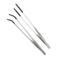 Close-up detail of stainless steel long feeding tweezers with black rubber tips for pets. - Silver Straight + Silver Curved