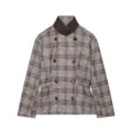 Plaid double-breasted jacket detail featuring a contrasting stand collar and side waist straps. - XS / Tops / Grey Plaid