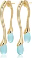 Gros plan détail de longues boucles d'oreilles dorées avec pendentifs goutte d'eau. - Style Goutte d'Eau Bleu Clair (e2775 Style 10)