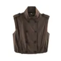 Women's chic double-breasted sleeveless trench vest with high collar and gathered hem brown S - S / Tops / Coffee