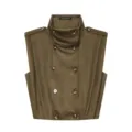 Detailed view of olive green faux suede double-breasted stand collar vest with chic buttons. - XS / Tops / Coffee