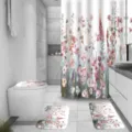 Watercolor floral shower curtain and bathroom 4-piece mat set with elegant botanical design - System Default Curtain 180x180cm + Mats Set / Pink Star Flower