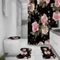 Close-up detail of vintage floral shower curtain and matching bathroom mat set scene display. - System Default Curtain 180x180cm + Mats Set / Black Large Flower
