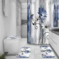 Detailed view of the retro blue daisy bathroom set, showing exquisite digital printing and fabric. - System Default Curtain 180x180cm + Mats Set / Retro Chrysanthemum