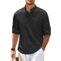 Uomo nero tinta unita colletto coreana manica lunga camicia casual vista frontale moda - Taglia S / Nero
