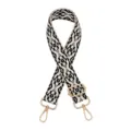 Detailed view of the ethnic black white geometric bag strap with gold adjustable metal buckles. - Silver Buckle / Z9 Beige Black